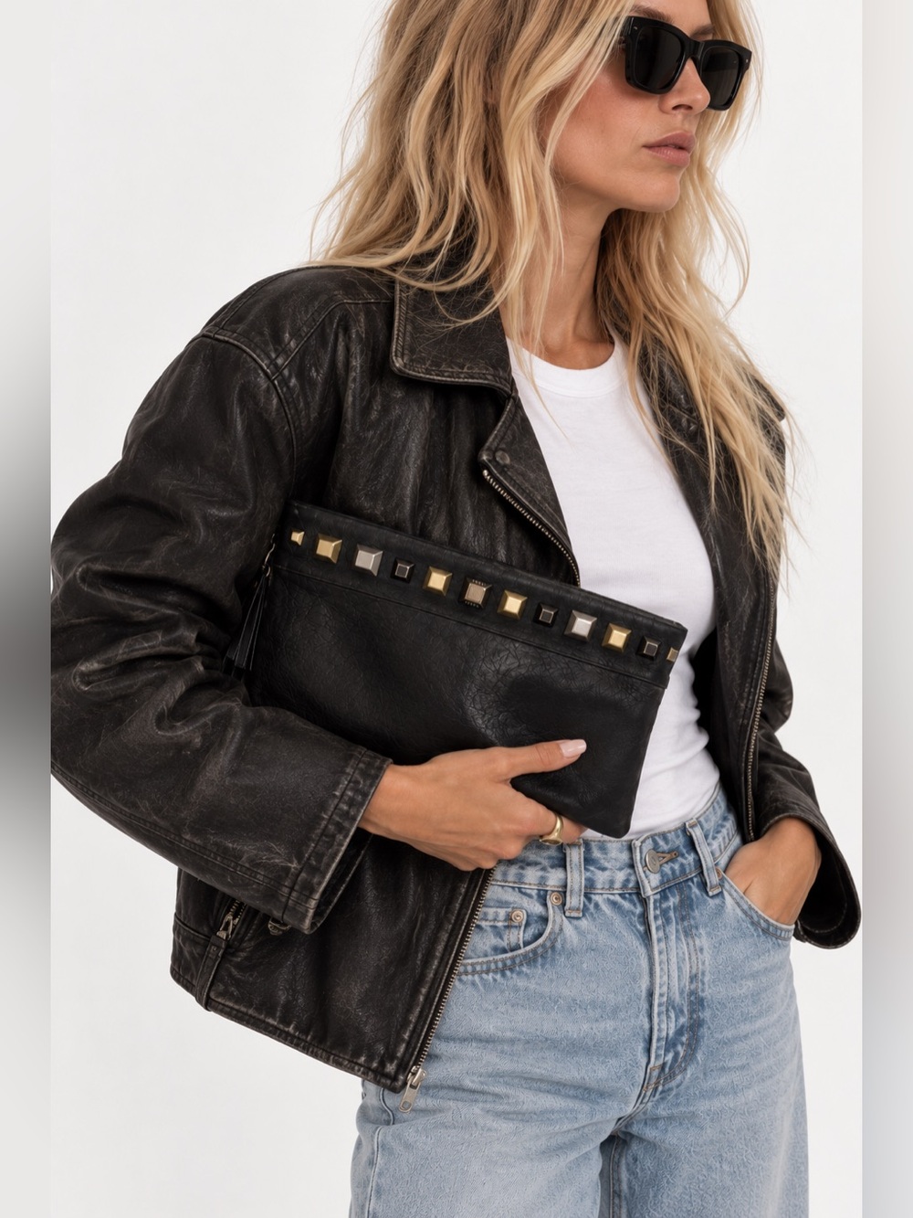 Vintage Diesel Industry Y2K Black Leather Studded Clutch Wristlet Archive Bag